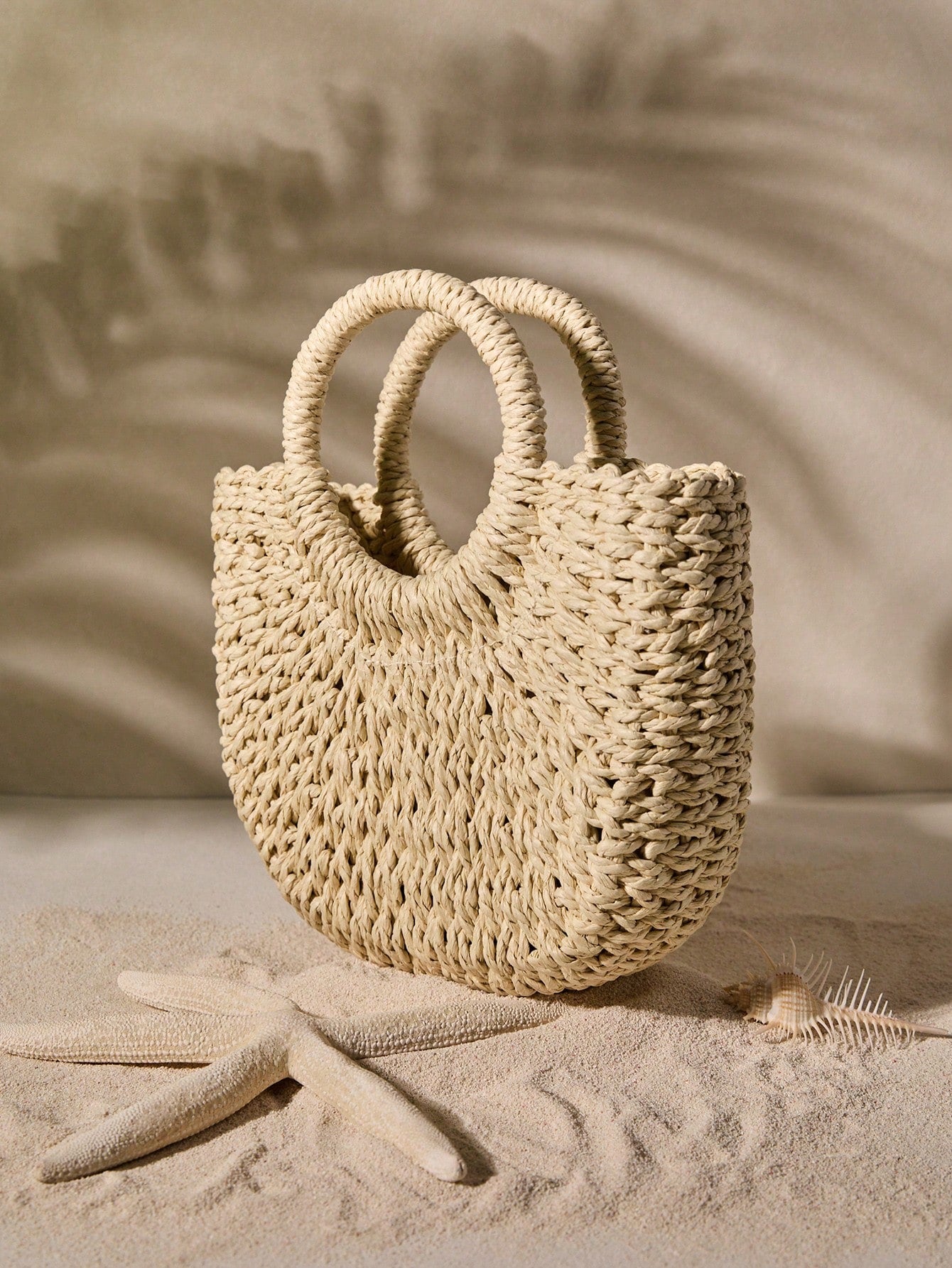 Tropiscape Handmade Solid Color Round Handle Woven With Drawstring Closure, Suitable For Summer, Women Mini Casual Shoulder Bag, Ideal Gift, Crochet Bags