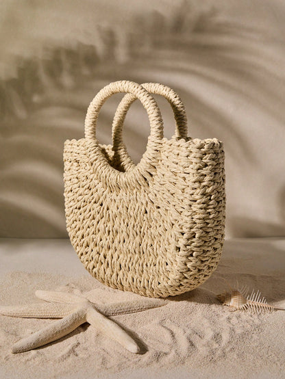 Tropiscape Handmade Solid Color Round Handle Woven With Drawstring Closure, Suitable For Summer, Women Mini Casual Shoulder Bag, Ideal Gift, Crochet Bags