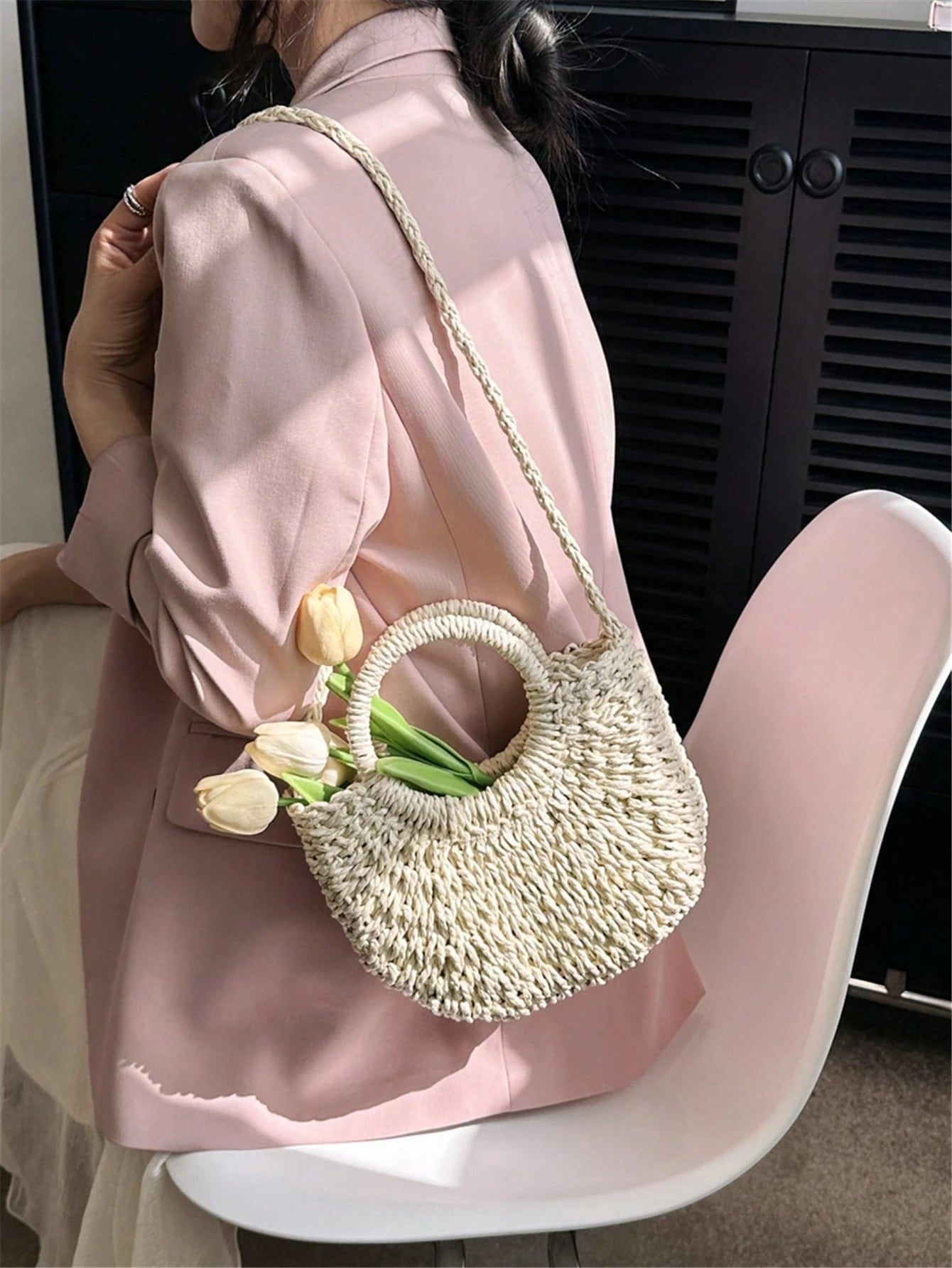 Tropiscape Handmade Solid Color Round Handle Woven With Drawstring Closure, Suitable For Summer, Women Mini Casual Shoulder Bag, Ideal Gift, Crochet Bags