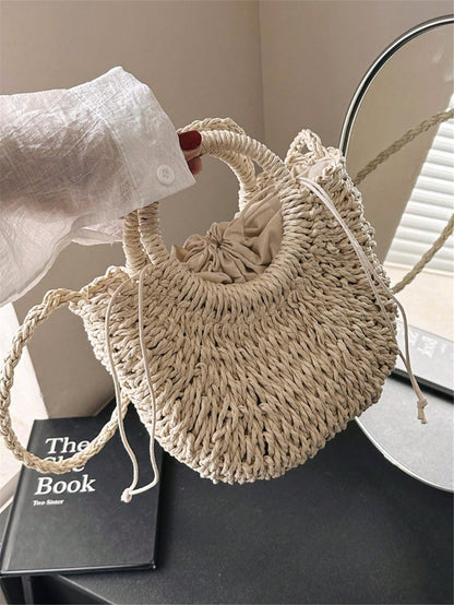 Tropiscape Handmade Solid Color Round Handle Woven With Drawstring Closure, Suitable For Summer, Women Mini Casual Shoulder Bag, Ideal Gift, Crochet Bags