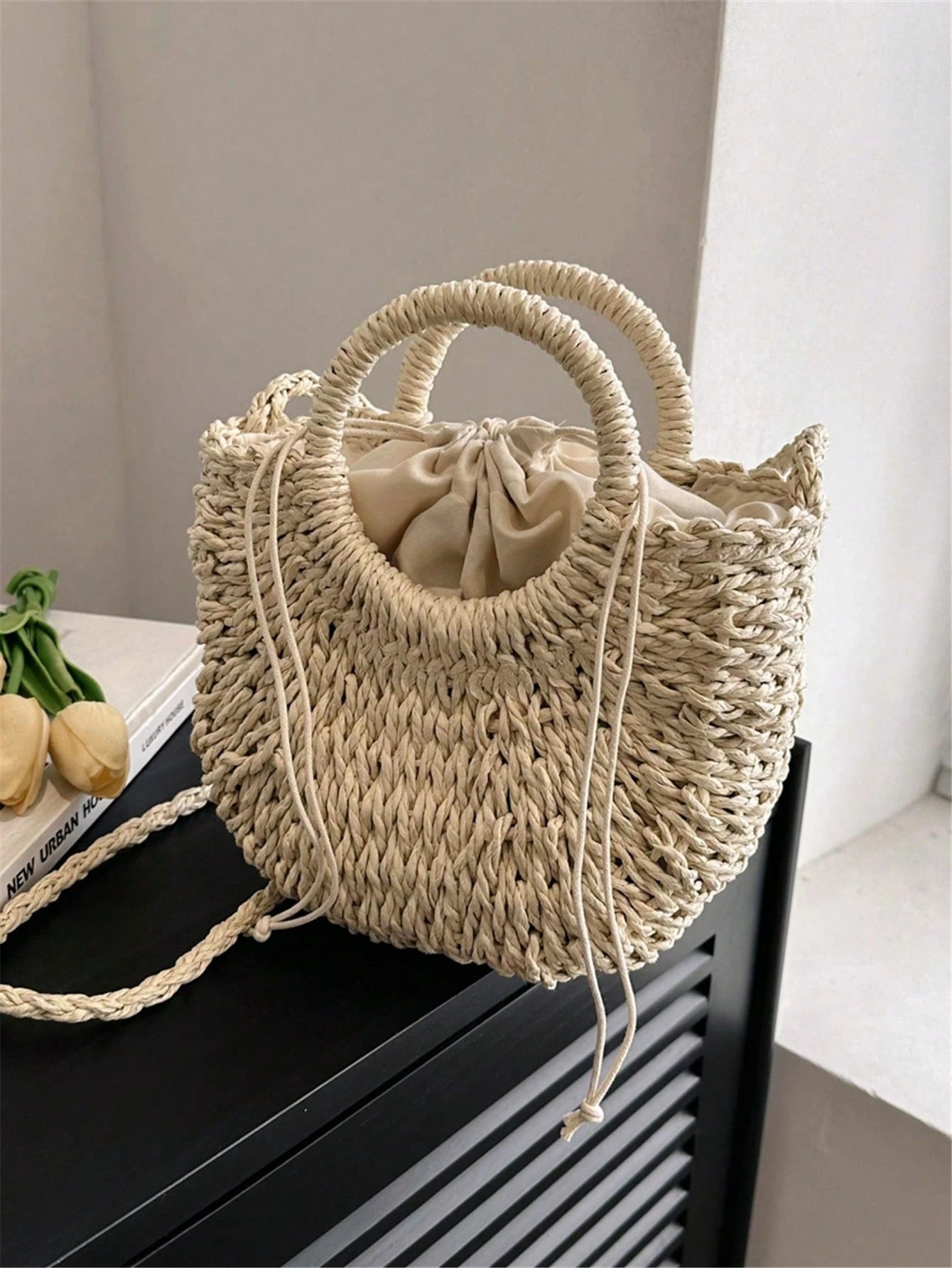 Tropiscape Handmade Solid Color Round Handle Woven With Drawstring Closure, Suitable For Summer, Women Mini Casual Shoulder Bag, Ideal Gift, Crochet Bags