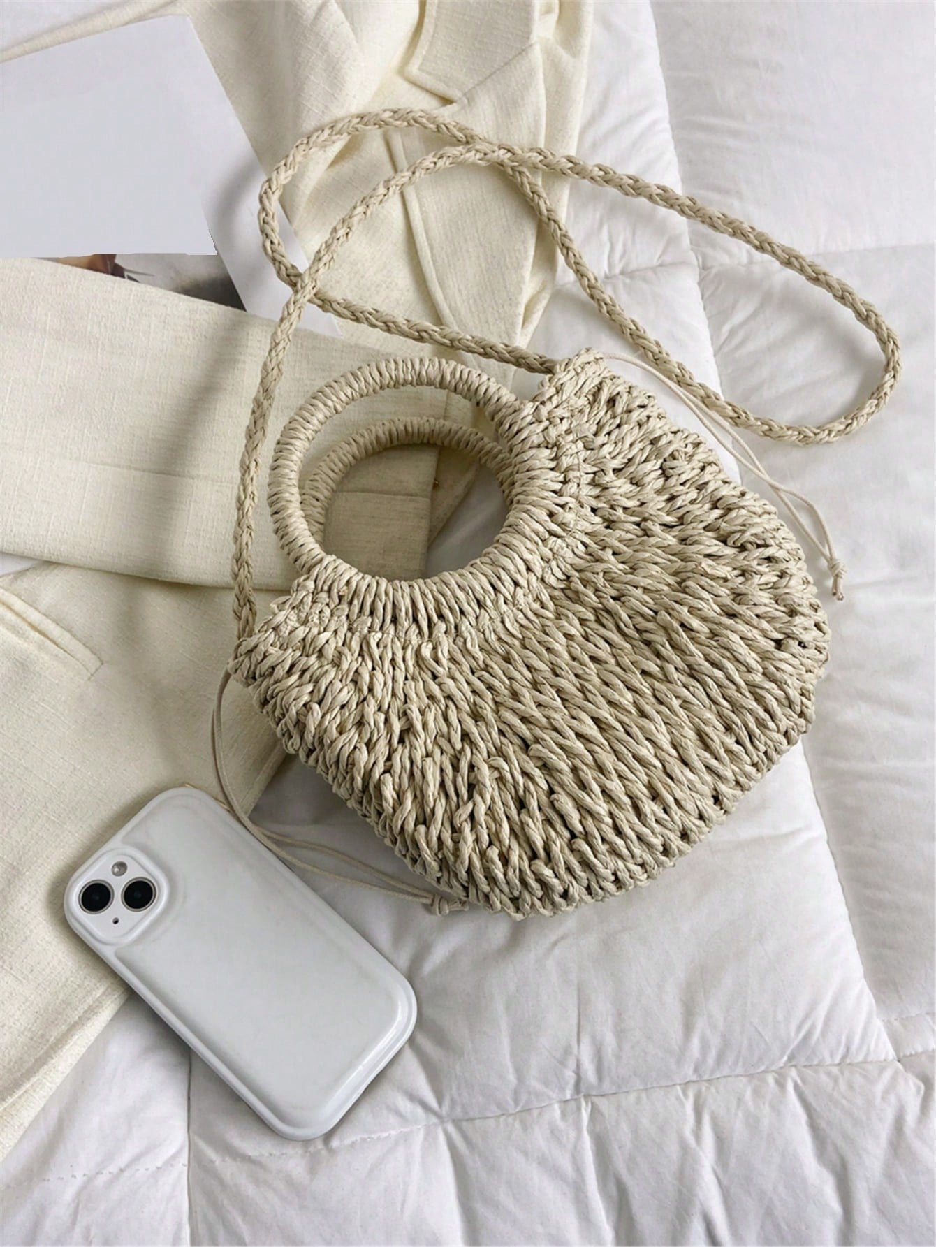 Tropiscape Handmade Solid Color Round Handle Woven With Drawstring Closure, Suitable For Summer, Women Mini Casual Shoulder Bag, Ideal Gift, Crochet Bags