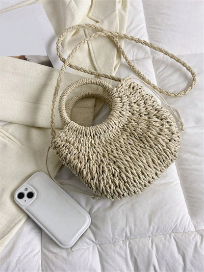 Tropiscape Handmade Solid Color Round Handle Woven With Drawstring Closure, Suitable For Summer, Women Mini Casual Shoulder Bag, Ideal Gift, Crochet Bags