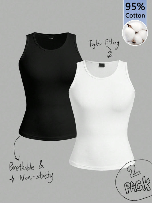 Tseoso 2pcs Women's Tank Top,95% Cotton Slim Fit Round Neck Black And White,Summer,Casual,Everyday Versatile Top,Soft-Girl Cute Vintage Home Office