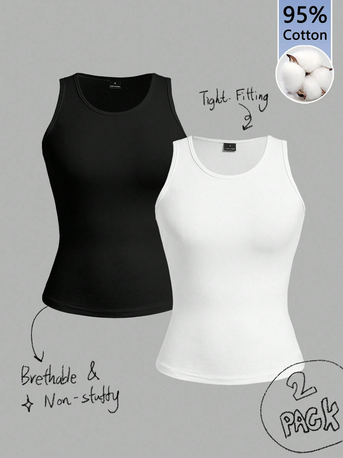 Tseoso 2pcs Women's Tank Top,95% Cotton Slim Fit Round Neck Black And White,Summer,Casual,Everyday Versatile Top,Soft-Girl Cute Vintage Home Office
