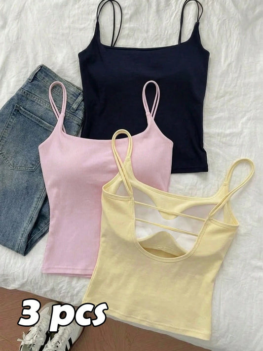 Tseoso Women's 3-Pack Ribbed Camisole Tops With Built-In Padded Bra In Pink, Cream Yellow & Light Grey – Casual Versatile Tank Tops For Summer & All-Season Wear, Cute Soft Girl & Clean Girl Y2K Retro