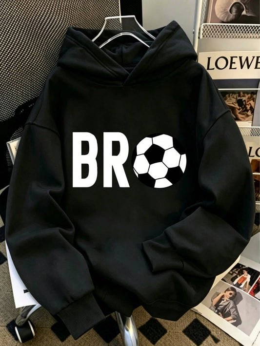 Tween Boy Thermal Lined Warm BRO Football Sweatshirt, Suitable For Kids Autumn/Winter Long Sleeve Top, Young Student Streetwear/Casual/Stylish/Daily/Sports/Fashion/College
