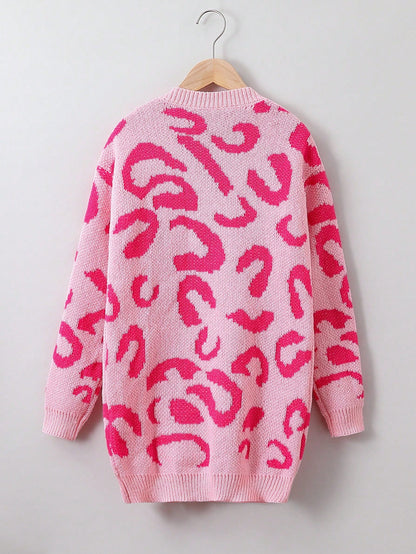 Tween Girl Allover Pattern Drop Shoulder Duster Cardigan