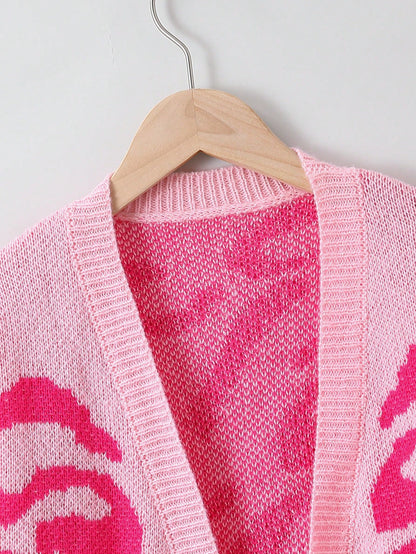 Tween Girl Allover Pattern Drop Shoulder Duster Cardigan