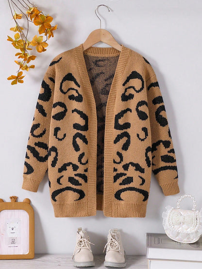 Tween Girl Allover Pattern Drop Shoulder Duster Cardigan