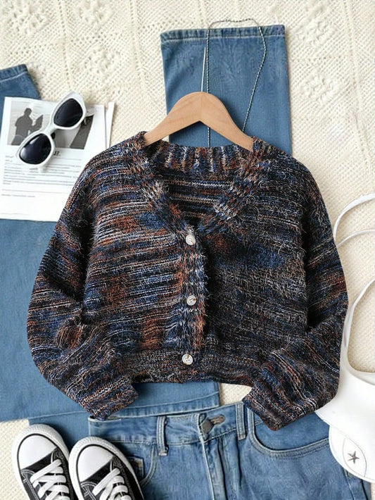 Tween Girl Ombre Feather Mesh Cardigan, Soft & Comfortable Short 3-Button Knit Sweater, Slate Blue, Autumn, Vintage, Holiday, Back-To-School Tween Girl Sweaters
