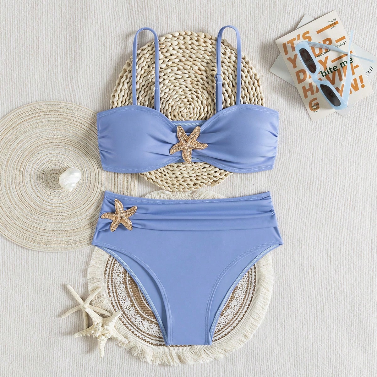 Unique Solid Starfish Print Bikini, Slimming Tummy Control, Comfy Chic Accents, Elegant Vacation Swimwear For Beach & Pool Parties Summer
