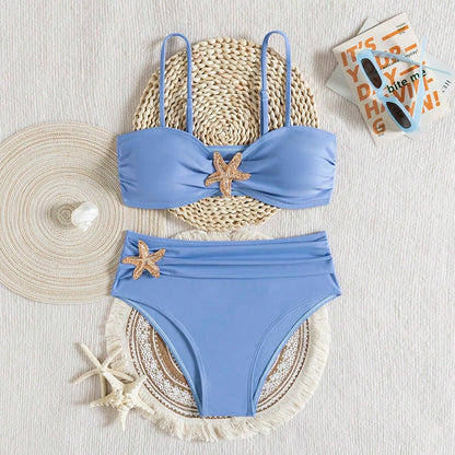 Unique Solid Starfish Print Bikini, Slimming Tummy Control, Comfy Chic Accents, Elegant Vacation Swimwear For Beach & Pool Parties Summer