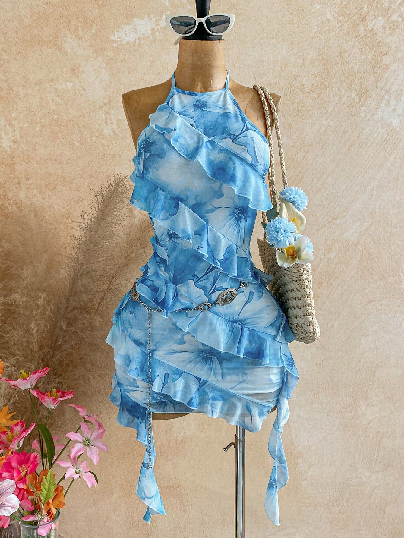 Ure Wave Women's Ruffled Halter Backless Sexy Tropical Modest Mini Dress,Party Vacation Dresses For Women White And Blue Floral Summer