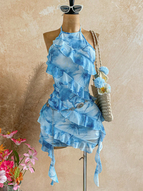 Ure Wave Women's Ruffled Halter Backless Sexy Tropical Modest Mini Dress,Party Vacation Dresses For Women White And Blue Floral Summer