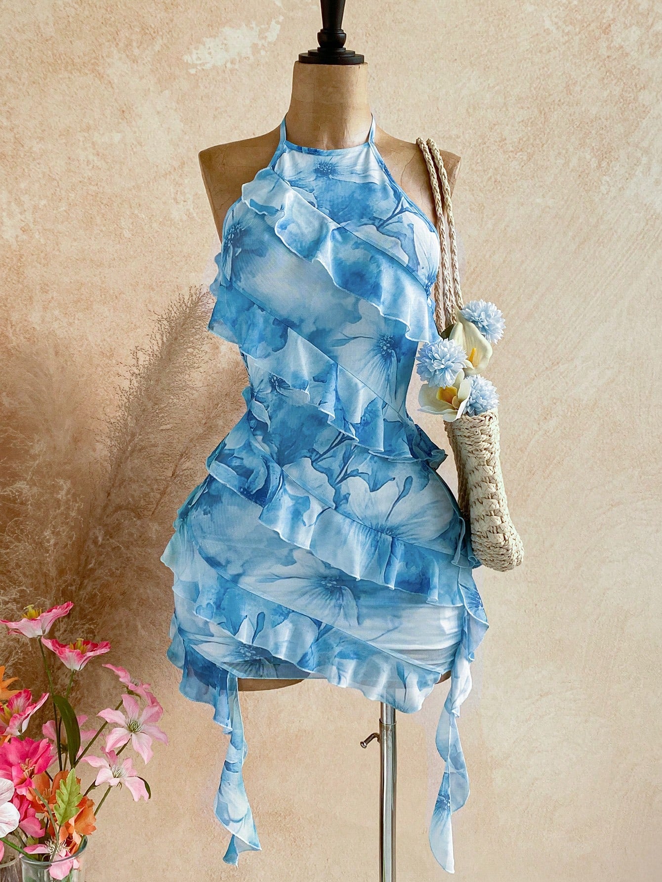 Ure Wave Women's Ruffled Halter Backless Sexy Tropical Modest Mini Dress,Party Vacation Dresses For Women White And Blue Floral Summer