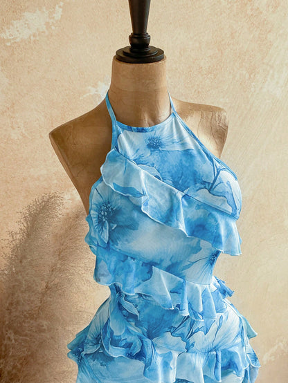 Ure Wave Women's Ruffled Halter Backless Sexy Tropical Modest Mini Dress,Party Vacation Dresses For Women White And Blue Floral Summer