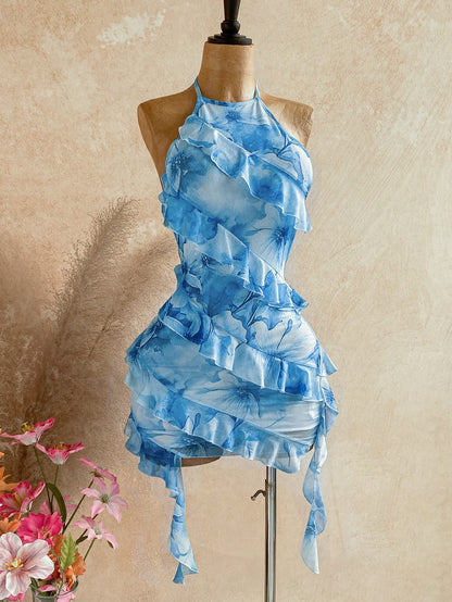 Ure Wave Women's Ruffled Halter Backless Sexy Tropical Modest Mini Dress,Party Vacation Dresses For Women White And Blue Floral Summer