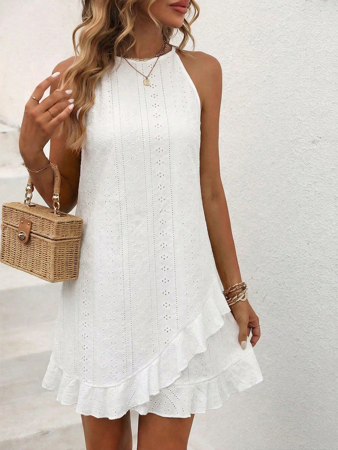 Vacation Casual Solid Color Halter Neck Ruffle Hem Dress
