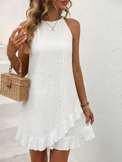 Vacation Casual Solid Color Halter Neck Ruffle Hem Dress