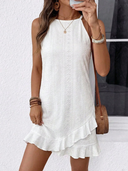 Vacation Casual Solid Color Halter Neck Ruffle Hem Dress