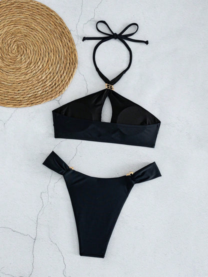 Vaclyn Spring/Summer Women's 2-Piece Sexy Bikini Swimsuit Set, Halter Tie Neck Solid Color Beachwear