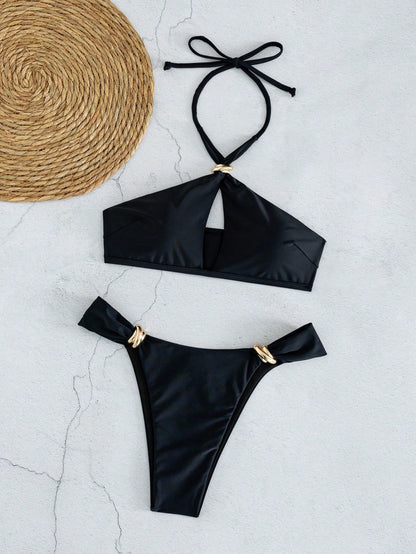 Vaclyn Spring/Summer Women's 2-Piece Sexy Bikini Swimsuit Set, Halter Tie Neck Solid Color Beachwear