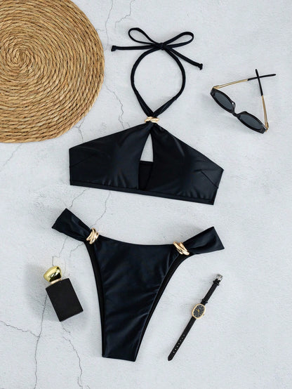 Vaclyn Spring/Summer Women's 2-Piece Sexy Bikini Swimsuit Set, Halter Tie Neck Solid Color Beachwear
