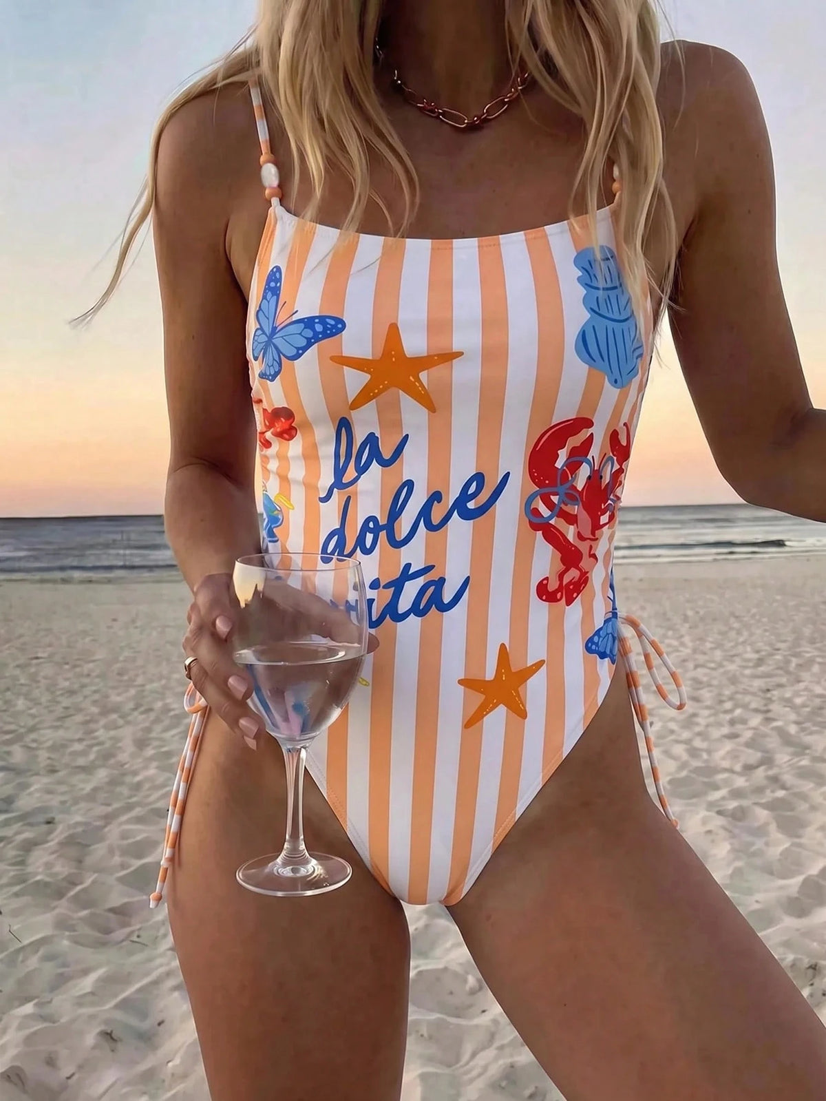 Vaclyn Women's Striped Starfish Print One-Piece Swimsuit