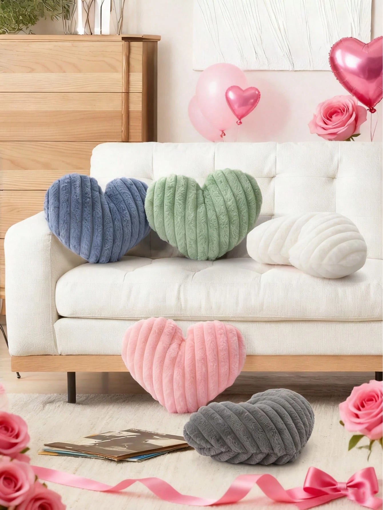 Valentine's Day Heart Pillow Decorative Throw Pillows, Heart Shaped Soft Fluffy Faux Fur Cute Pillows Cushions For Couch Chair Bed Bedroom Room Home Decor Aesthetic, Pink
