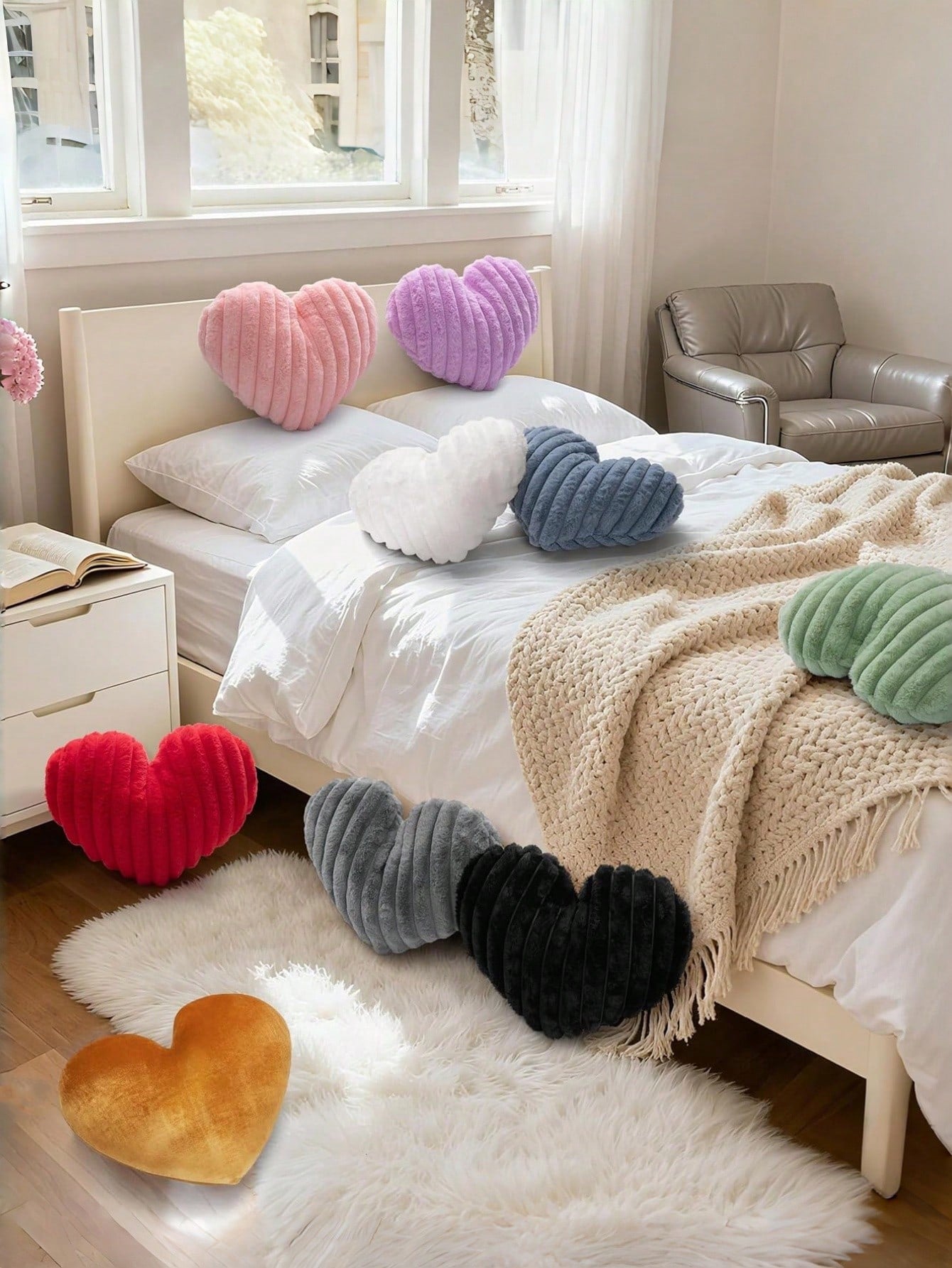 Valentine's Day Heart Pillow Decorative Throw Pillows, Heart Shaped Soft Fluffy Faux Fur Cute Pillows Cushions For Couch Chair Bed Bedroom Room Home Decor Aesthetic, Pink