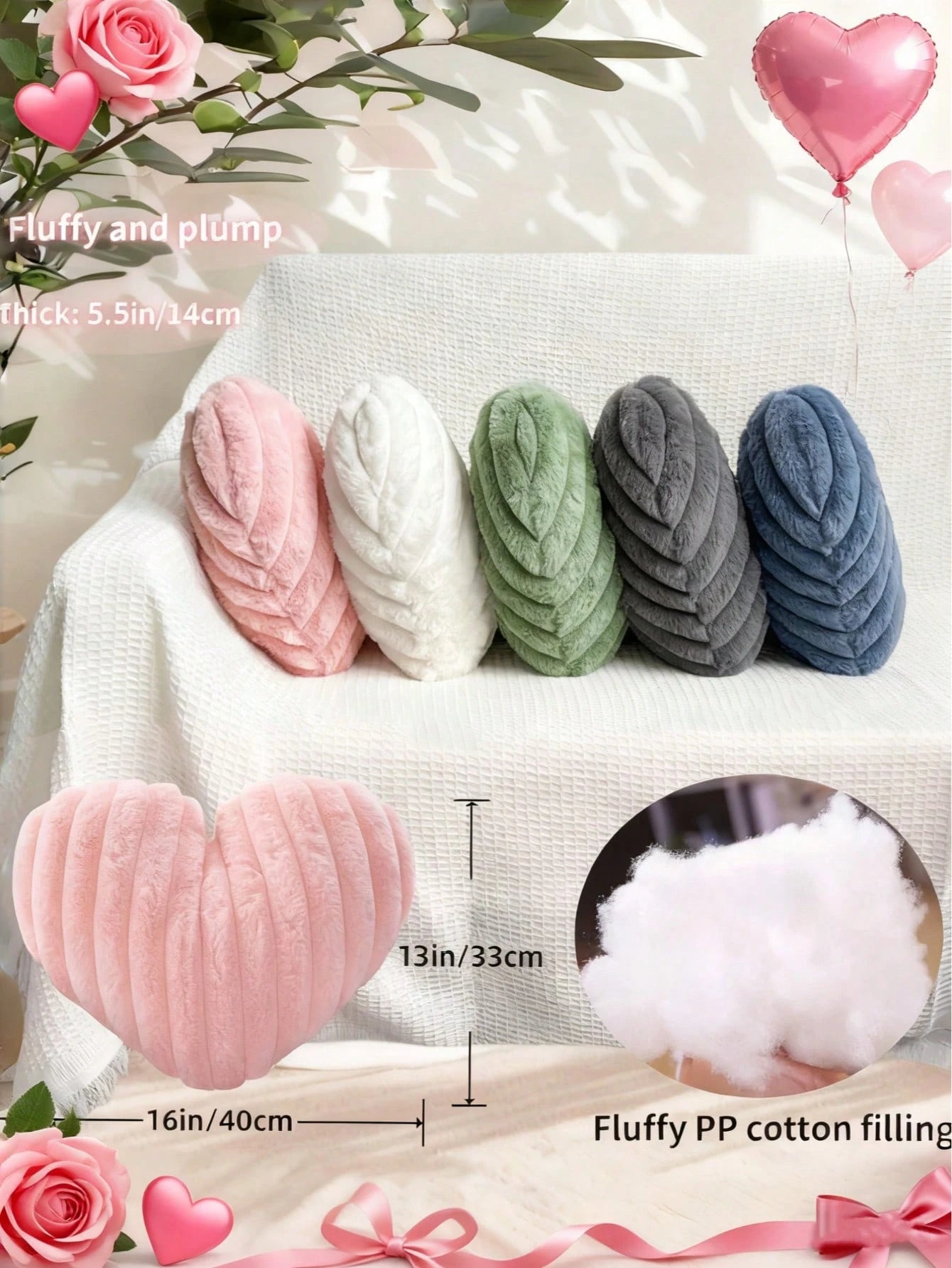 Valentine's Day Heart Pillow Decorative Throw Pillows, Heart Shaped Soft Fluffy Faux Fur Cute Pillows Cushions For Couch Chair Bed Bedroom Room Home Decor Aesthetic, Pink