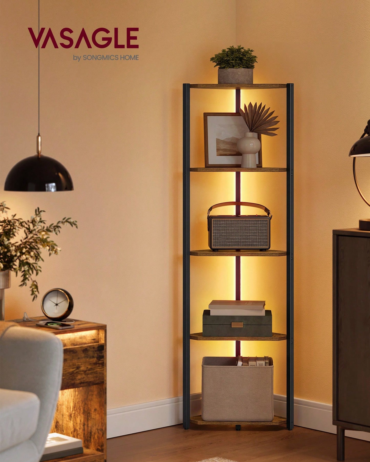 VASAGLE Corner Shelf Stand With LED Lights, 5-Tier Corner Bookshelf, Storage Shelf With Steel Frame, 9.8 X 18.9 X 57.7 Inches, For Living Room, Bedroom, Study