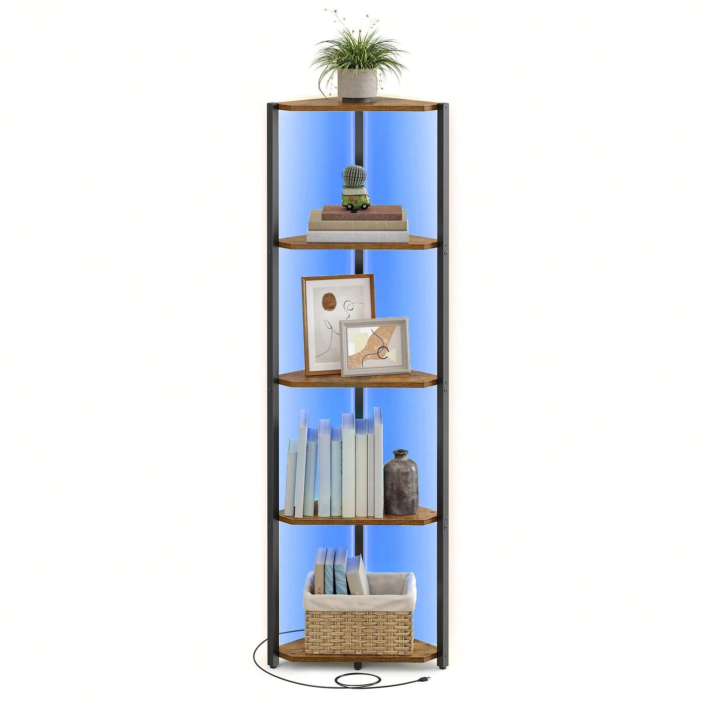 VASAGLE Corner Shelf Stand With LED Lights, 5-Tier Corner Bookshelf, Storage Shelf With Steel Frame, 9.8 X 18.9 X 57.7 Inches, For Living Room, Bedroom, Study