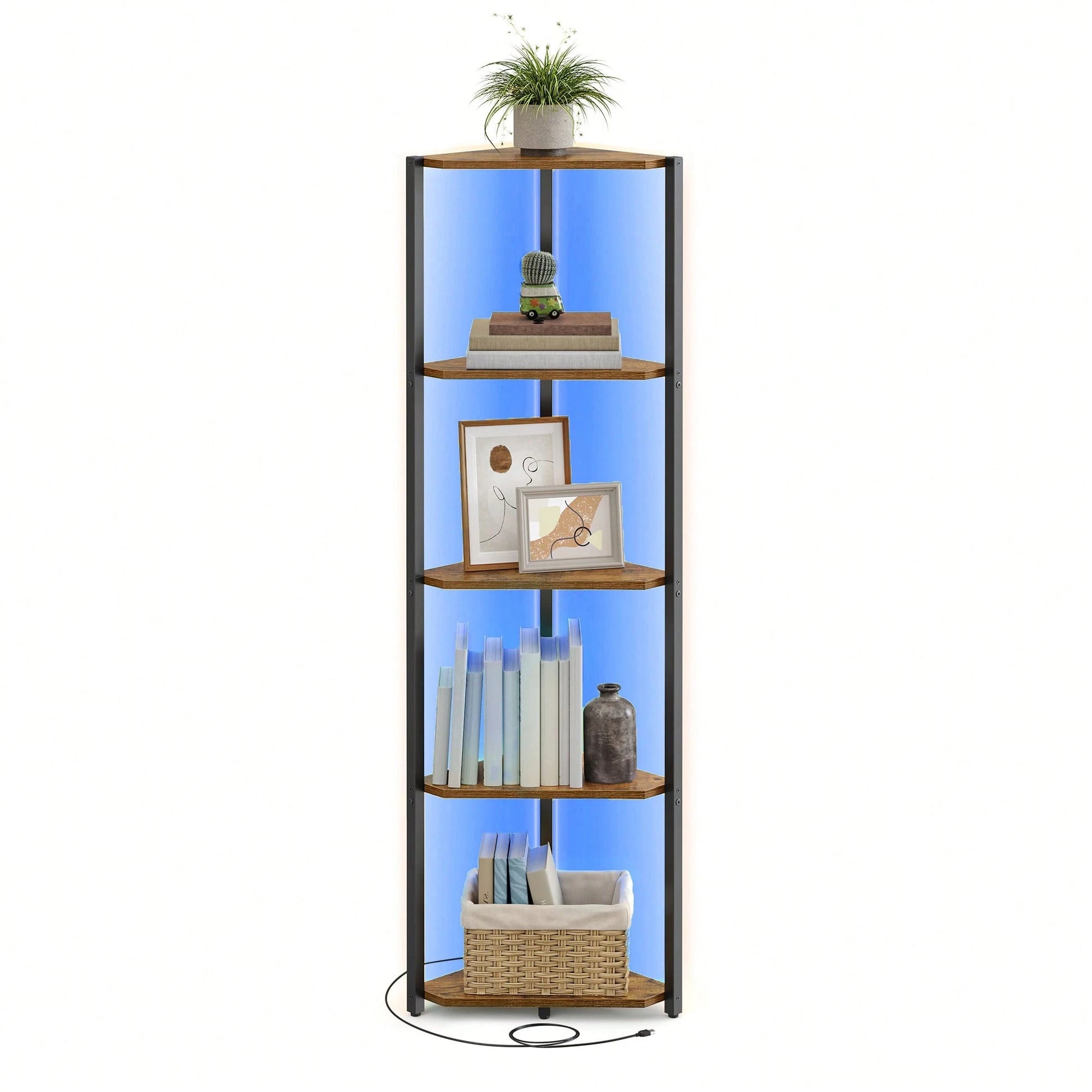 VASAGLE Corner Shelf Stand With LED Lights, 5-Tier Corner Bookshelf, Storage Shelf With Steel Frame, 9.8 X 18.9 X 57.7 Inches, For Living Room, Bedroom, Study