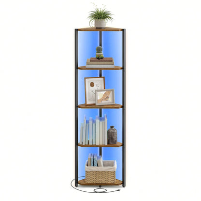 VASAGLE Corner Shelf Stand With LED Lights, 5-Tier Corner Bookshelf, Storage Shelf With Steel Frame, 9.8 X 18.9 X 57.7 Inches, For Living Room, Bedroom, Study