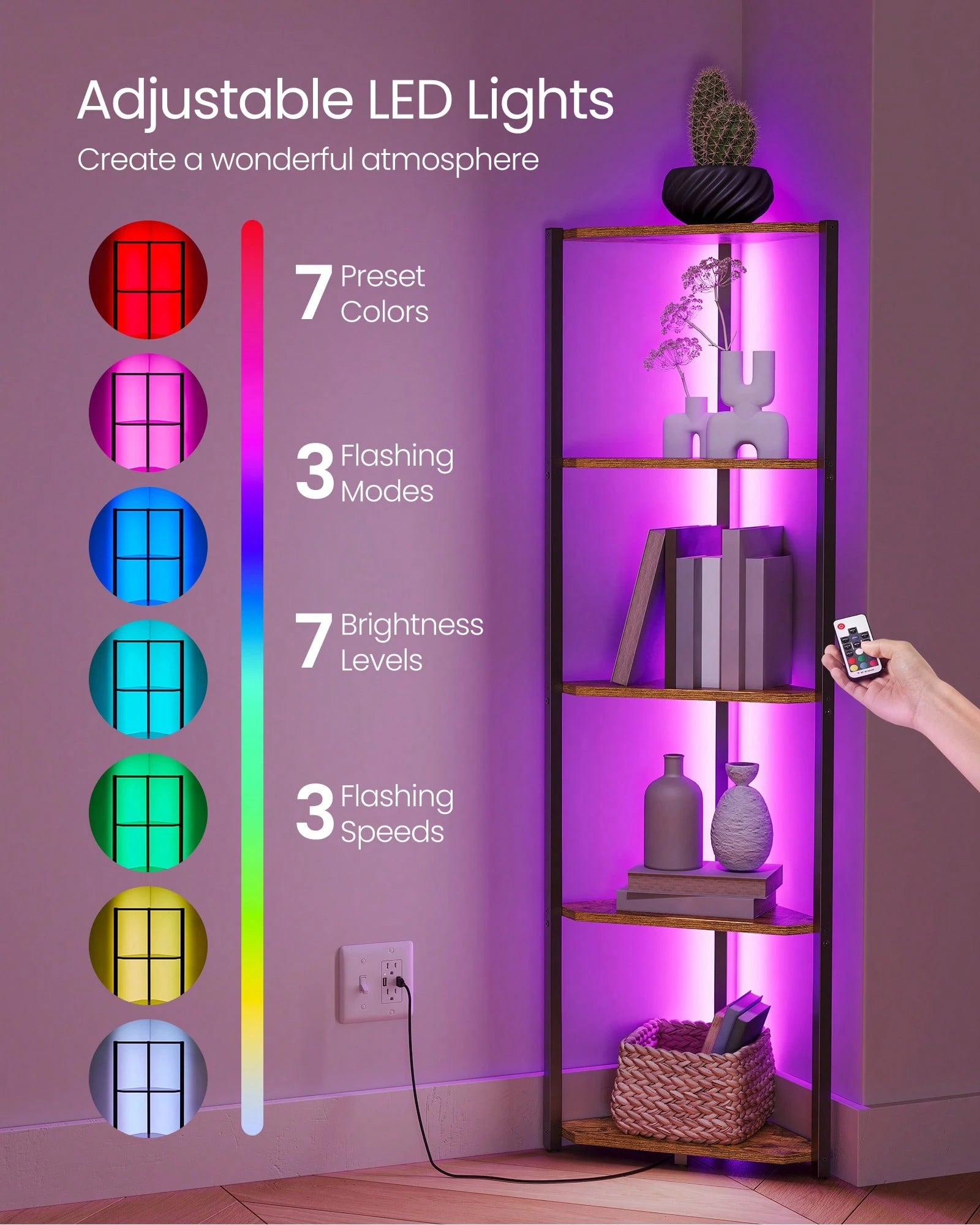 VASAGLE Corner Shelf Stand With LED Lights, 5-Tier Corner Bookshelf, Storage Shelf With Steel Frame, 9.8 X 18.9 X 57.7 Inches, For Living Room, Bedroom, Study