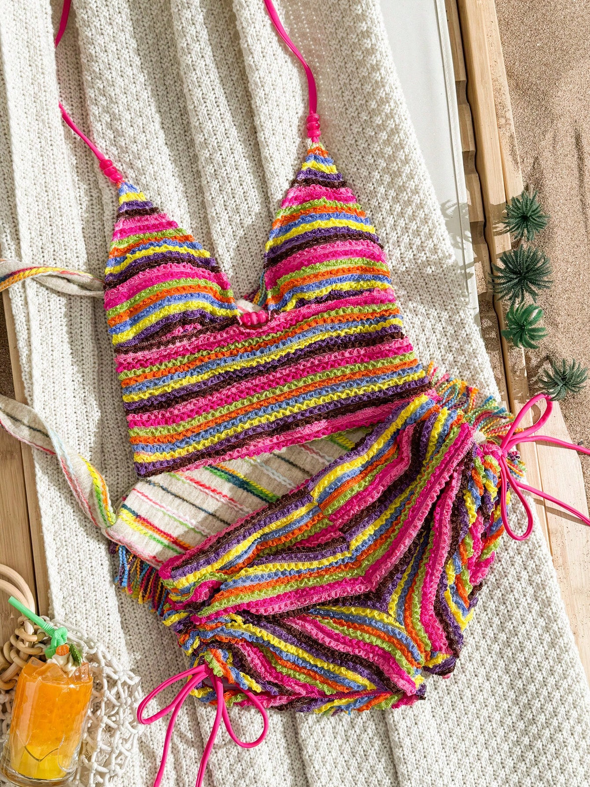 Vaytide Women's Pink Stripe,Summer,Boho,Beach,Holiday,Holiday 2-Piece Swimsuit Set,Multicolor Textured Striped Spaghetti Strap Camisole & Drawstring Shorts