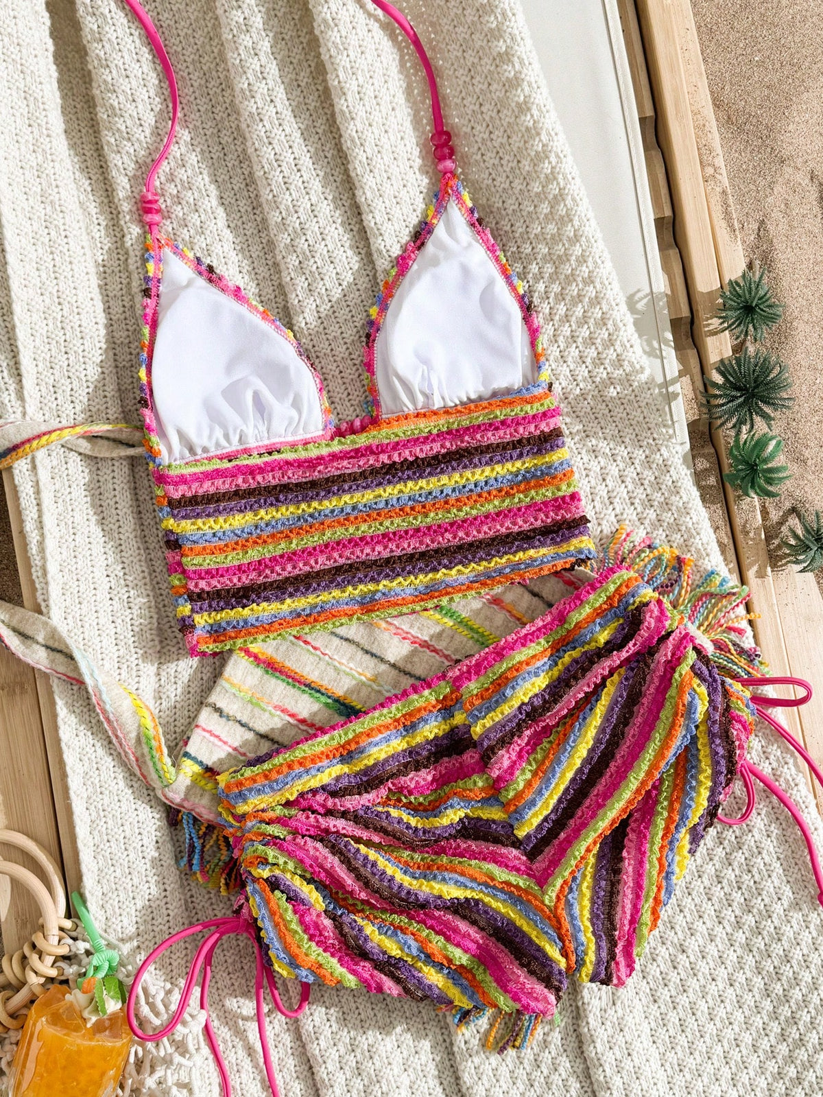 Vaytide Women's Pink Stripe,Summer,Boho,Beach,Holiday,Holiday 2-Piece Swimsuit Set,Multicolor Textured Striped Spaghetti Strap Camisole & Drawstring Shorts