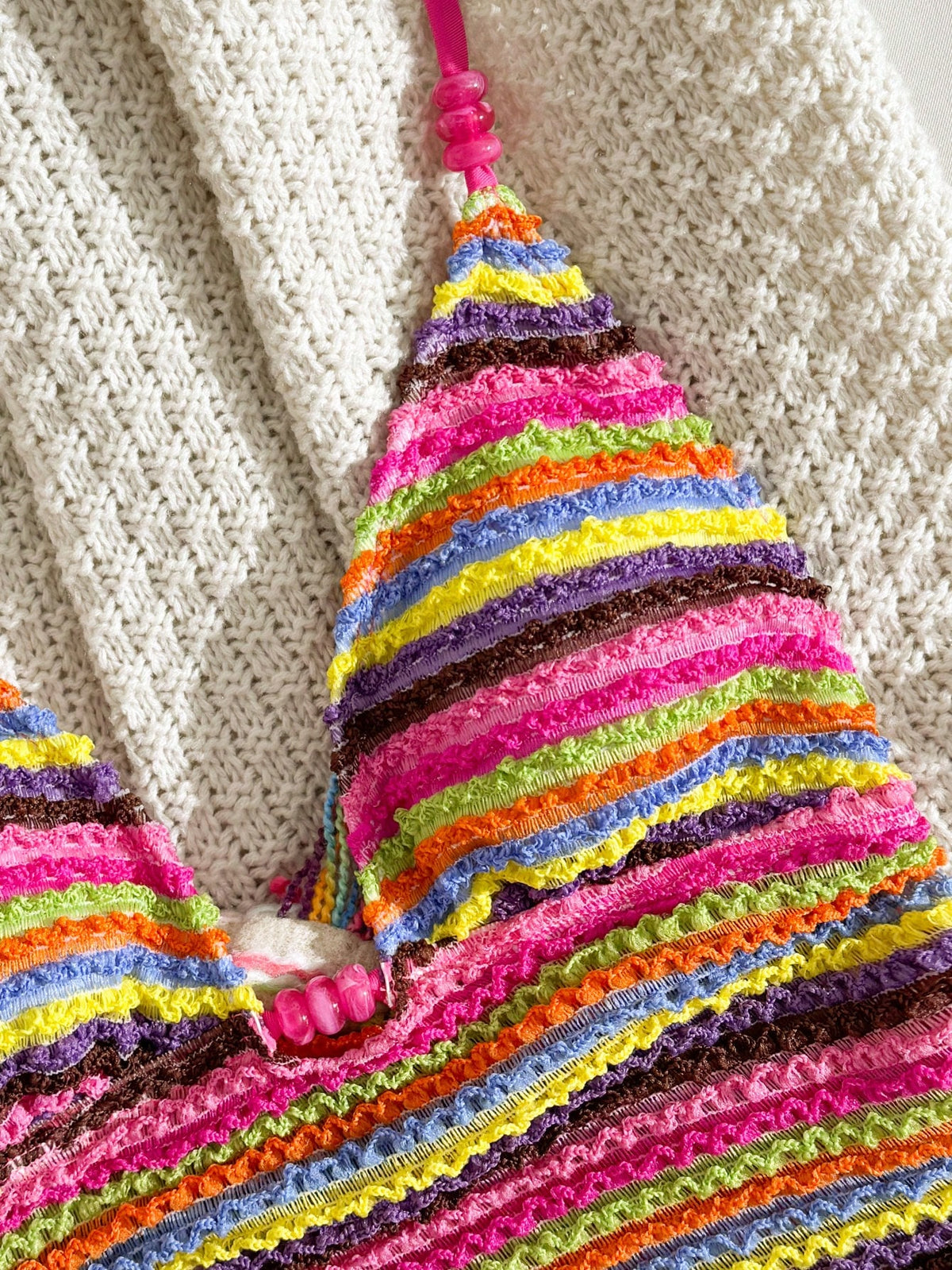 Vaytide Women's Pink Stripe,Summer,Boho,Beach,Holiday,Holiday 2-Piece Swimsuit Set,Multicolor Textured Striped Spaghetti Strap Camisole & Drawstring Shorts