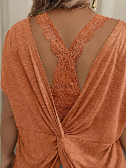 VCAY Plus Size Casual Lace Patchwork Twist Hollow Batwing Sleeve T-Shirt Date Night Formal Wedding Burnt Orange Summer