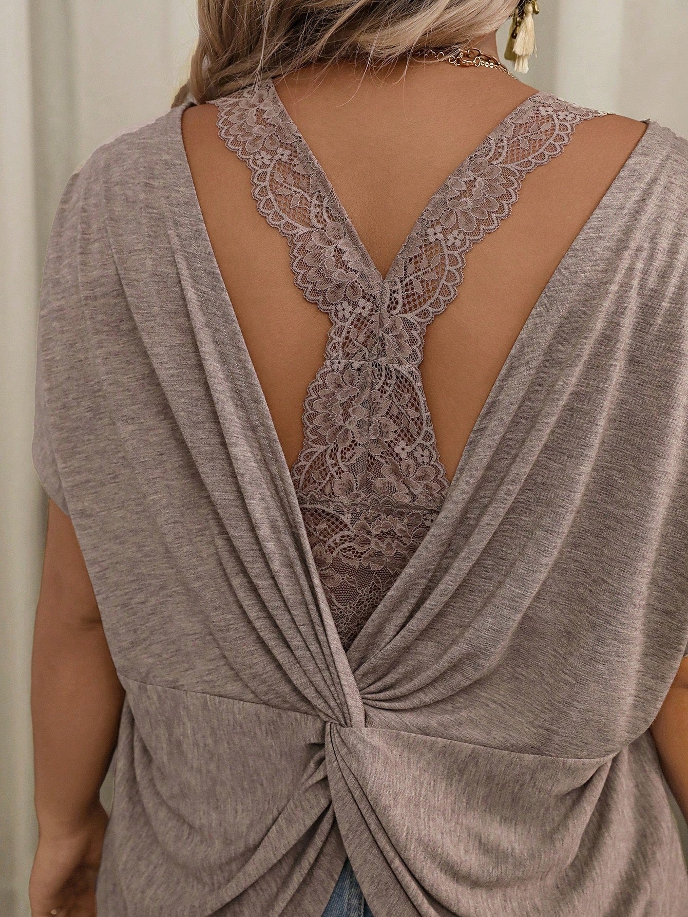 VCAY Plus Size Casual Lace Patchwork Twist Hollow Batwing Sleeve T-Shirt Date Night Formal Wedding Burnt Orange Summer