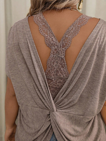VCAY Plus Size Casual Lace Patchwork Twist Hollow Batwing Sleeve T-Shirt Date Night Formal Wedding Burnt Orange Summer