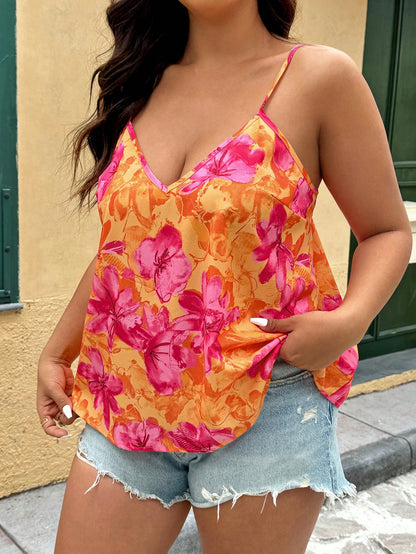 VCAY Plus Size Code Vacation Casual Floral All-Over Print Camisole Top, Rave Festival, Business Woman, Boho Country Women, Beach For Summer, Tops Ladies