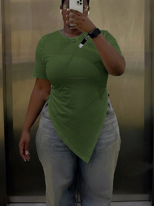 Veslaya Plus Size Women's Olive Green Summer Smart Casual Everyday Blouse,Round Neck Short Sleeve Ruched Hem Elegant Western Vacation Party Beach Streetwear