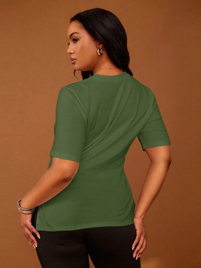 Veslaya Plus Size Women's Olive Green Summer Smart Casual Everyday Blouse,Round Neck Short Sleeve Ruched Hem Elegant Western Vacation Party Beach Streetwear
