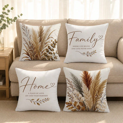 Vintage Brown Plant Warm Home Slogan Cushion Cover 4pcs Set, Single-Sided Printed Peach Skin Velvet Polyester Material, 45*45/50*50/40*40CM Pillow Covers For Modern Fabric Sofa Indoor Decoration, Part