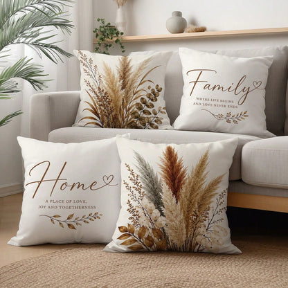 Vintage Brown Plant Warm Home Slogan Cushion Cover 4pcs Set, Single-Sided Printed Peach Skin Velvet Polyester Material, 45*45/50*50/40*40CM Pillow Covers For Modern Fabric Sofa Indoor Decoration, Part