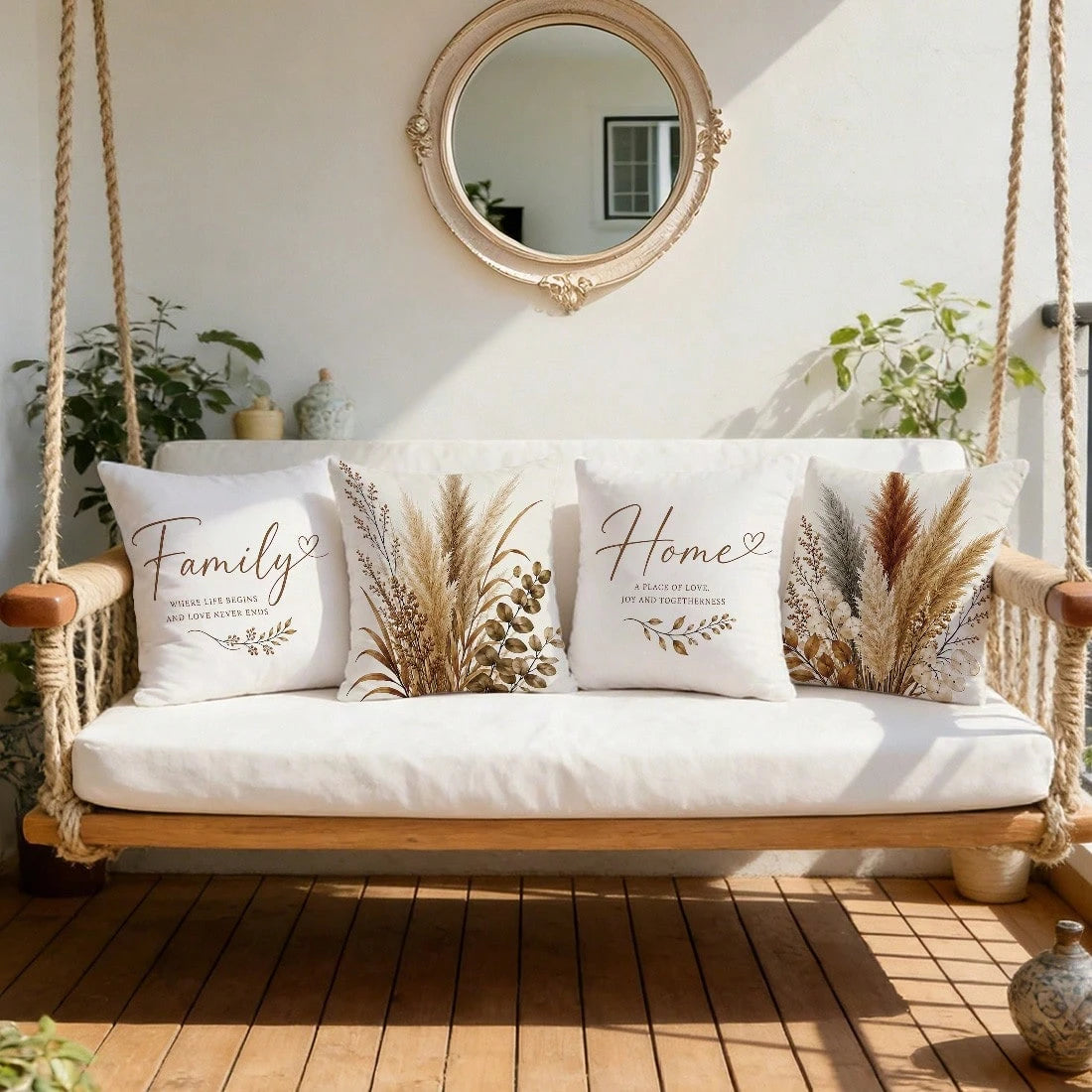 Vintage Brown Plant Warm Home Slogan Cushion Cover 4pcs Set, Single-Sided Printed Peach Skin Velvet Polyester Material, 45*45/50*50/40*40CM Pillow Covers For Modern Fabric Sofa Indoor Decoration, Part