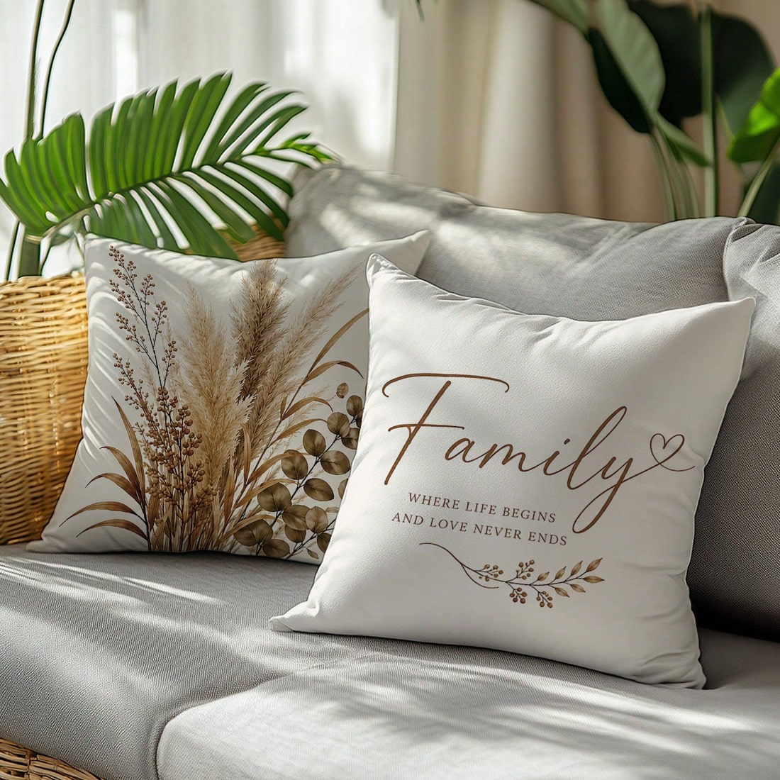 Vintage Brown Plant Warm Home Slogan Cushion Cover 4pcs Set, Single-Sided Printed Peach Skin Velvet Polyester Material, 45*45/50*50/40*40CM Pillow Covers For Modern Fabric Sofa Indoor Decoration, Part